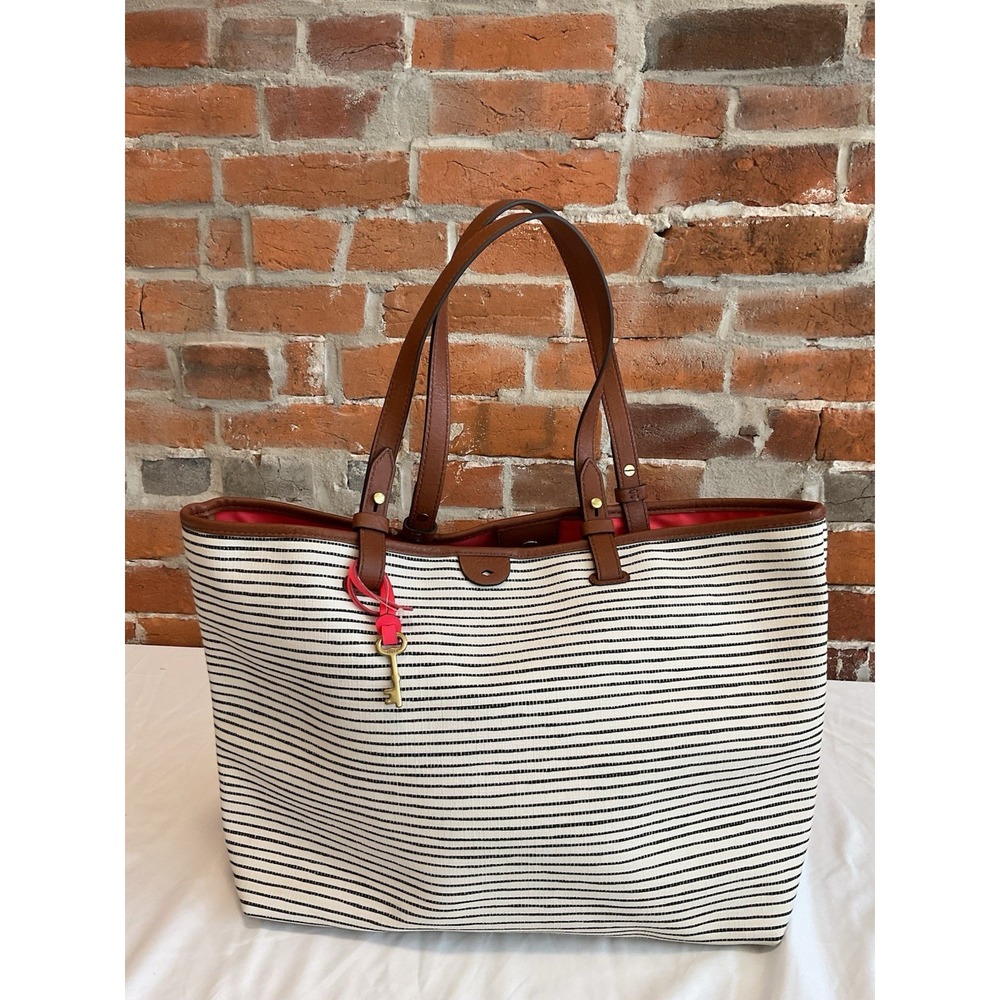 Fossil Handbag Rachel Tote Shoulder Bag Leather White Black Brown Strap NWOT